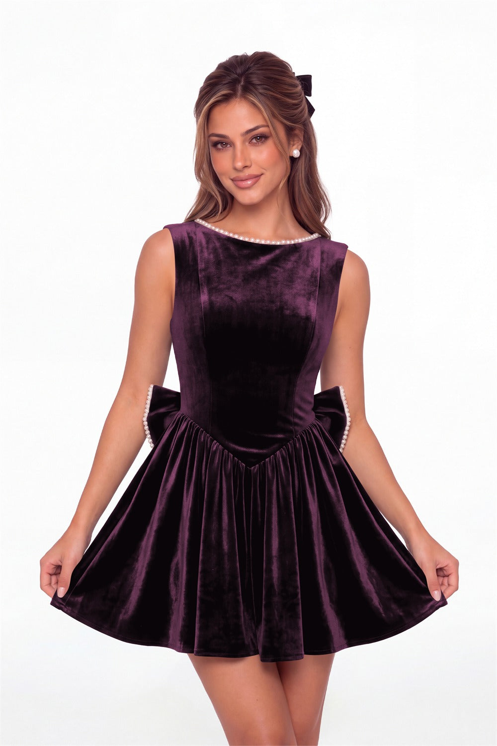 Plum Scoop Neck Pearl Velvet Bow Back Mini Dress - Front View