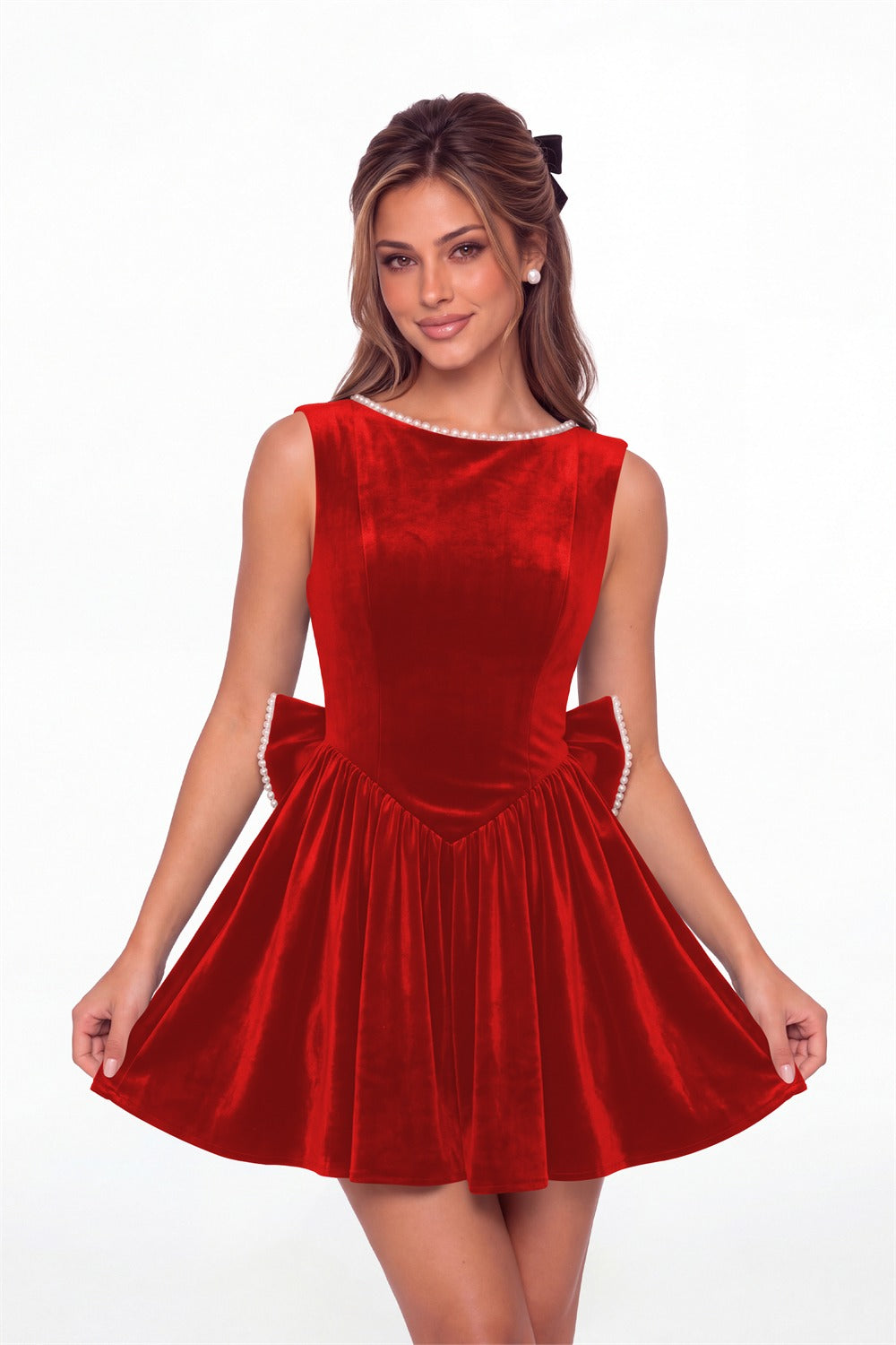 Red Scoop Neck Pearl Velvet Bow Back Mini Dress - Front View