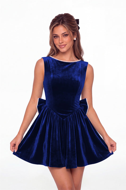 Royal Blue Scoop Neck Pearl Velvet Bow Back Mini Dress - Front View