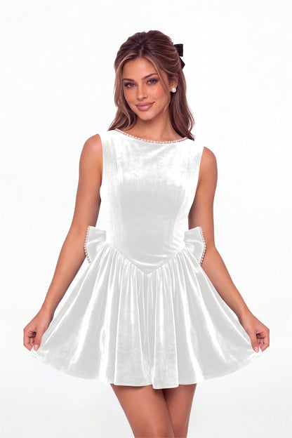White Scoop Neck Pearl Velvet Bow Back Mini Dress - Front View