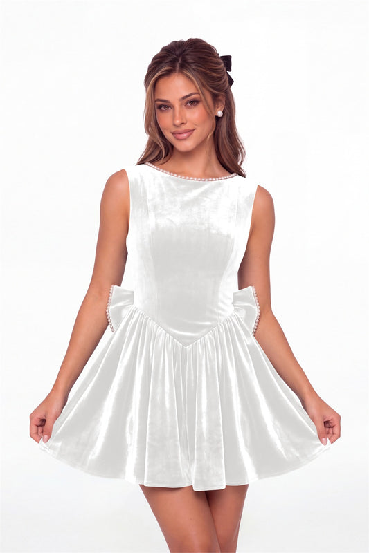 White Scoop Neck Pearl Velvet Bow Back Mini Dress - Front View
