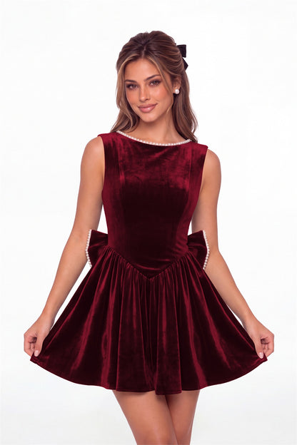 Wine Red Scoop Neck Pearl Velvet Bow Back Mini Dress - Front View