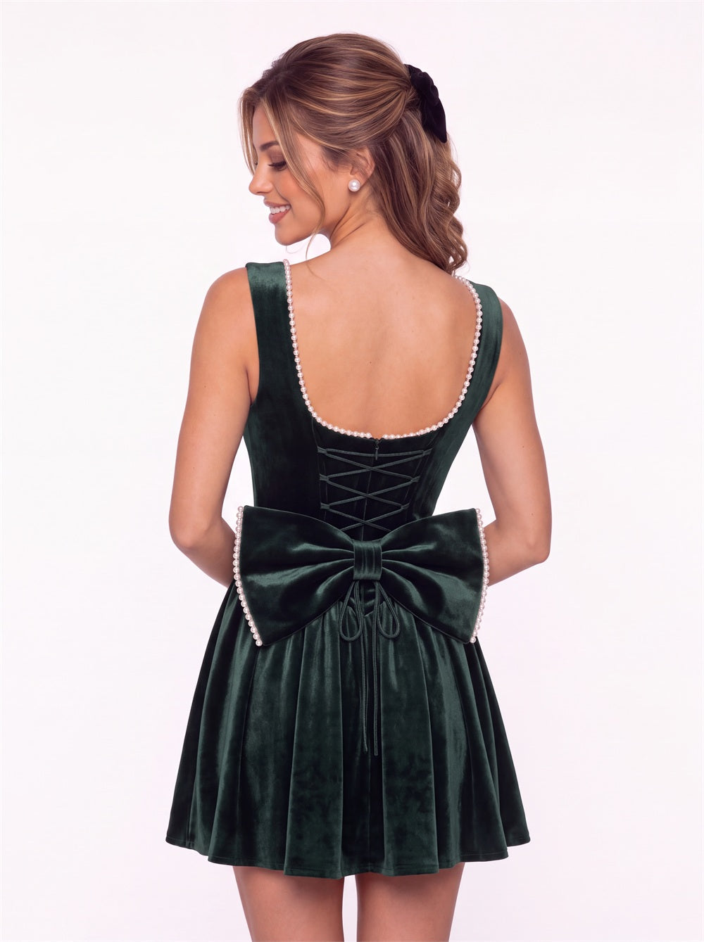Scoop Neck Pearl Velvet Bow Back Mini Dress - Back View