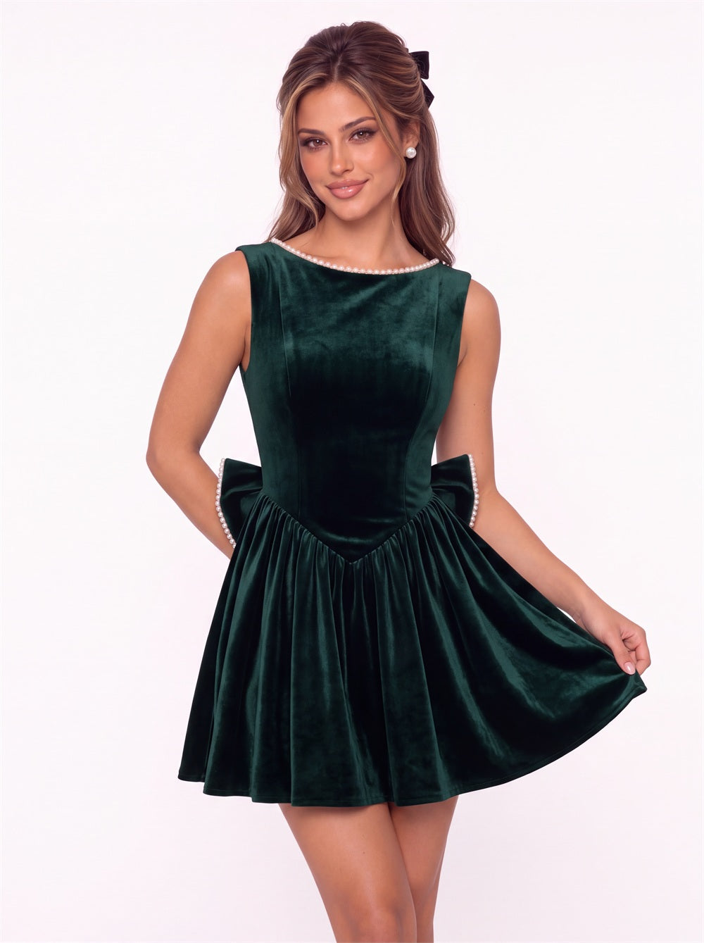Scoop Neck Pearl Velvet Bow Back Mini Dress - Detail View 1