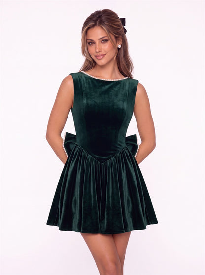 Scoop Neck Pearl Velvet Bow Back Mini Dress - Detail View 2