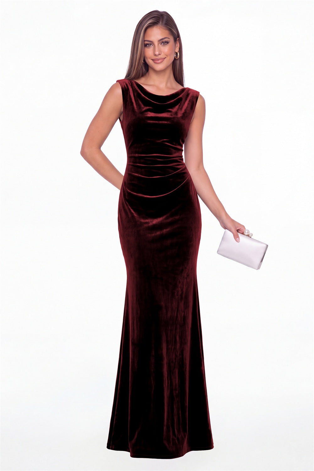 Burgundy Cowl Neck Ruched Velvet Mermaid Maxi Gown - Front View