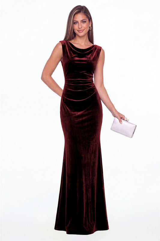 Burgundy Cowl Neck Ruched Velvet Mermaid Maxi Gown - Front View