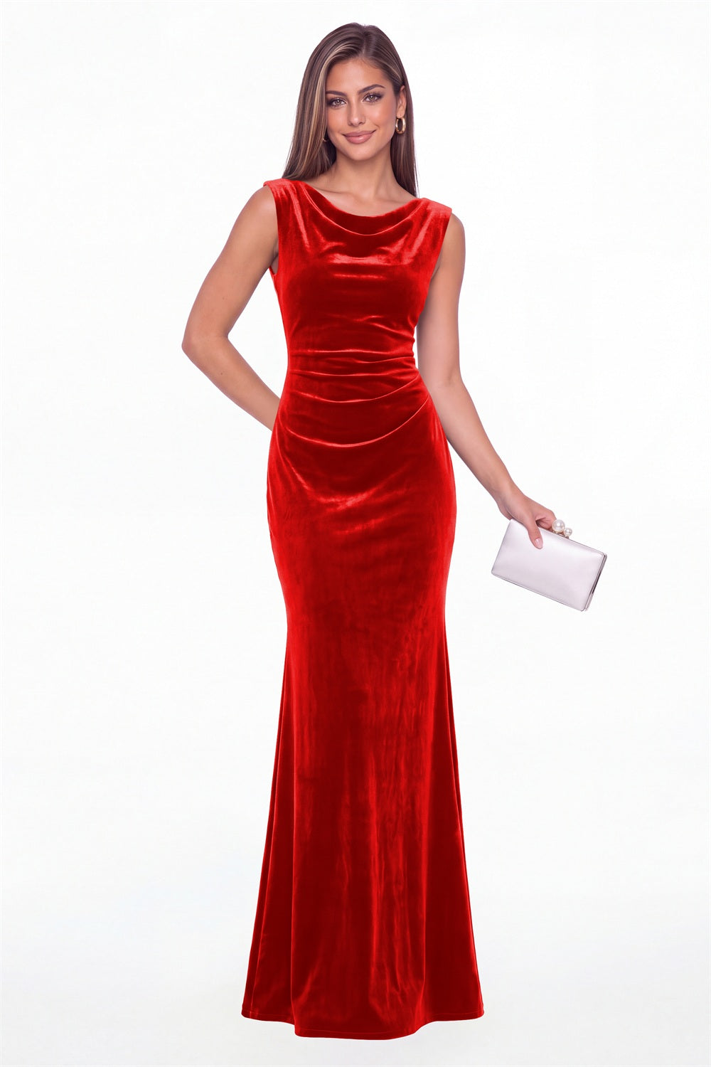 Red Cowl Neck Ruched Velvet Mermaid Maxi Gown - Front View