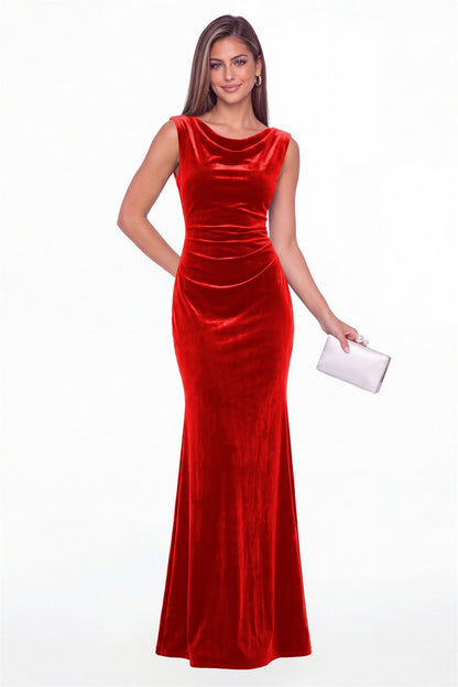 Red Cowl Neck Ruched Velvet Mermaid Maxi Gown - Front View