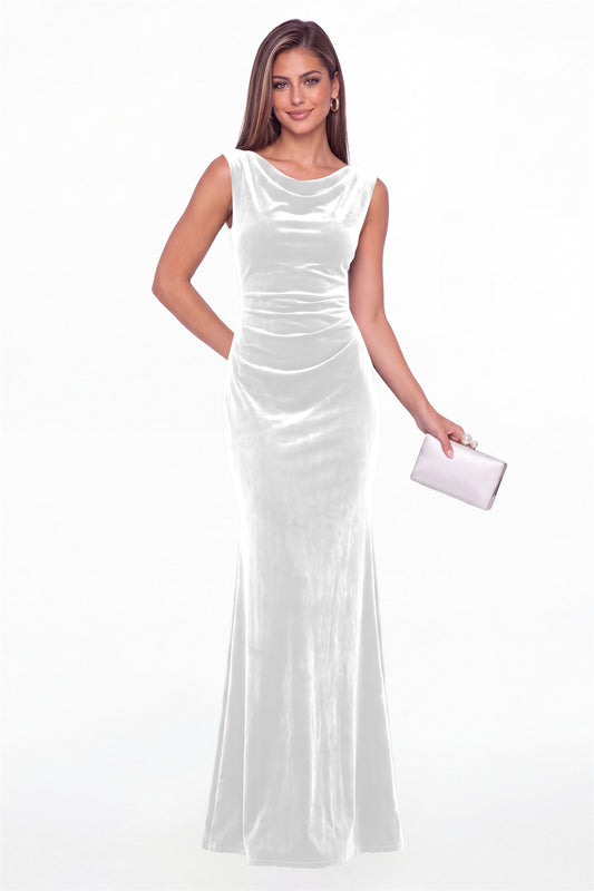 White Cowl Neck Ruched Velvet Mermaid Maxi Gown - Front View