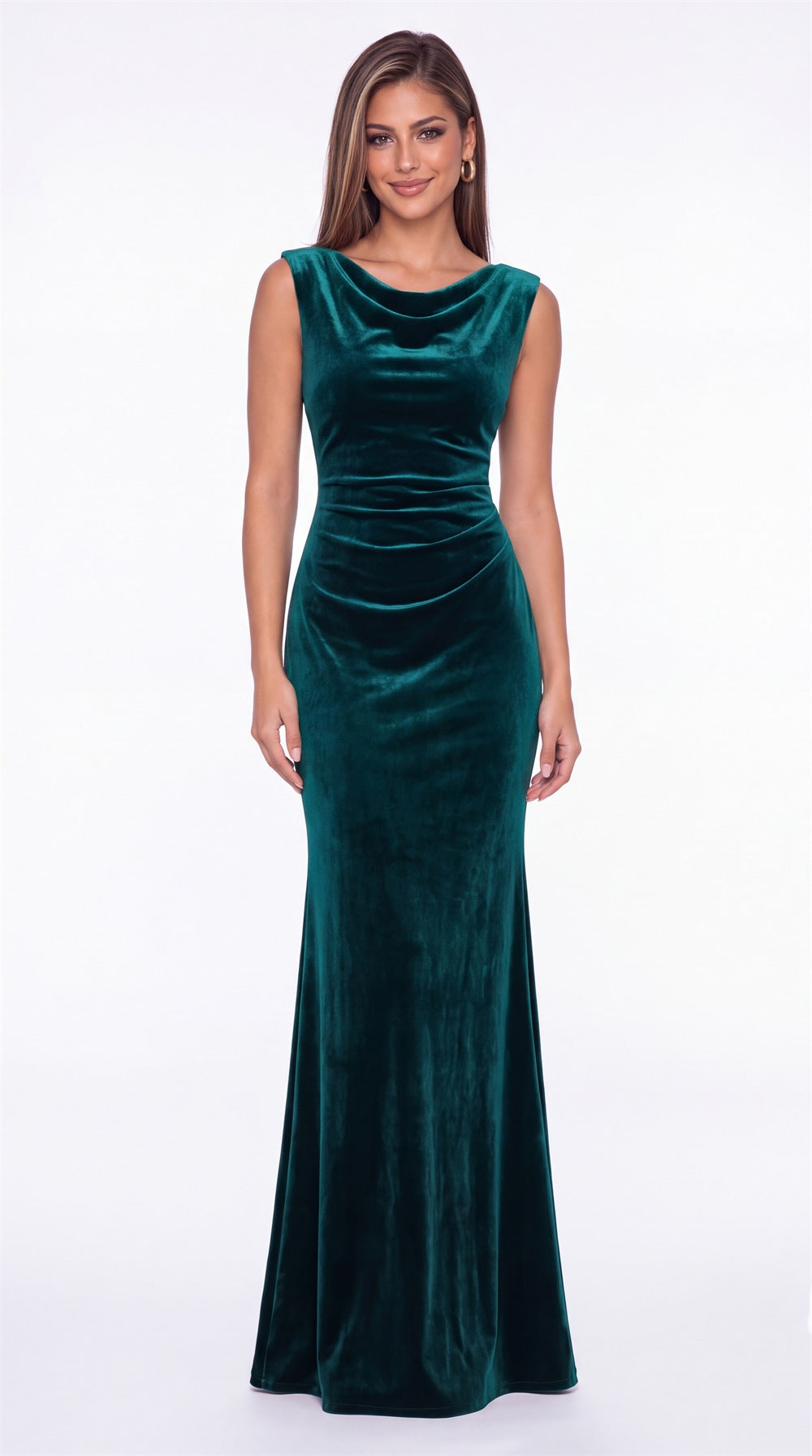 Cowl Neck Ruched Velvet Mermaid Maxi Gown - Detail View 3
