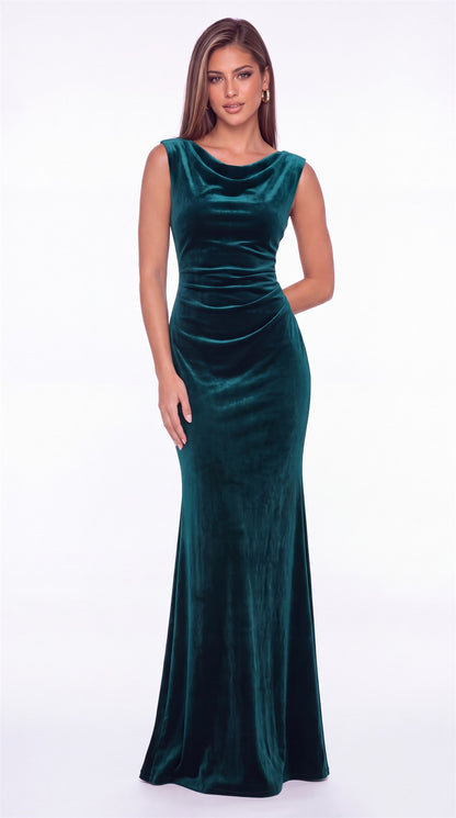 Cowl Neck Ruched Velvet Mermaid Maxi Gown - Detail View 4