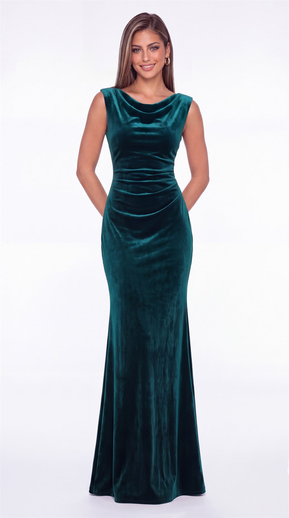 Cowl Neck Ruched Velvet Mermaid Maxi Gown - Detail View 5