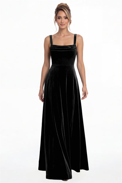 Black Square Neck Ruched Velvet A-Line Maxi Gown - Front View