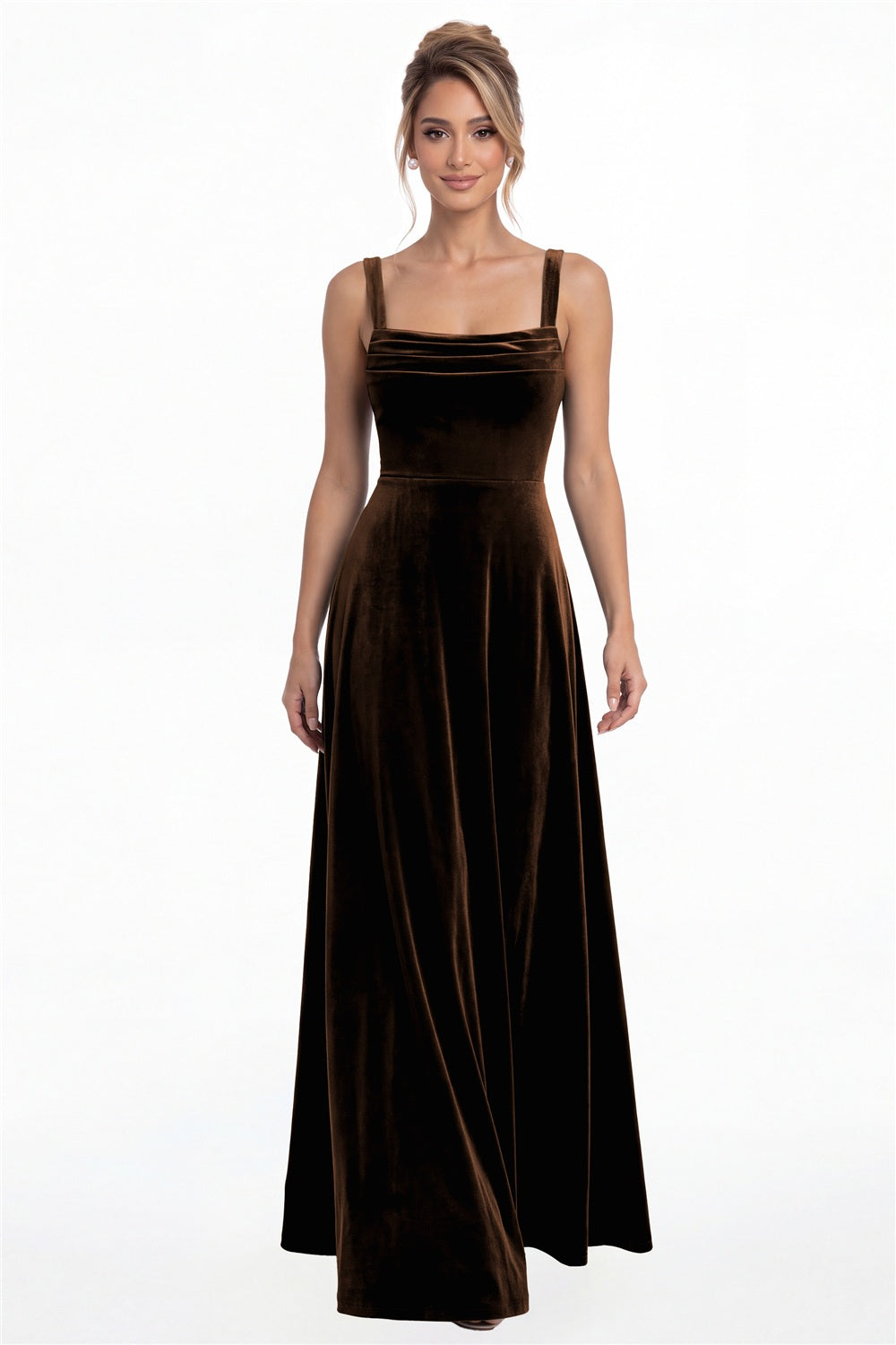 Brown Square Neck Ruched Velvet A-Line Maxi Gown - Front View