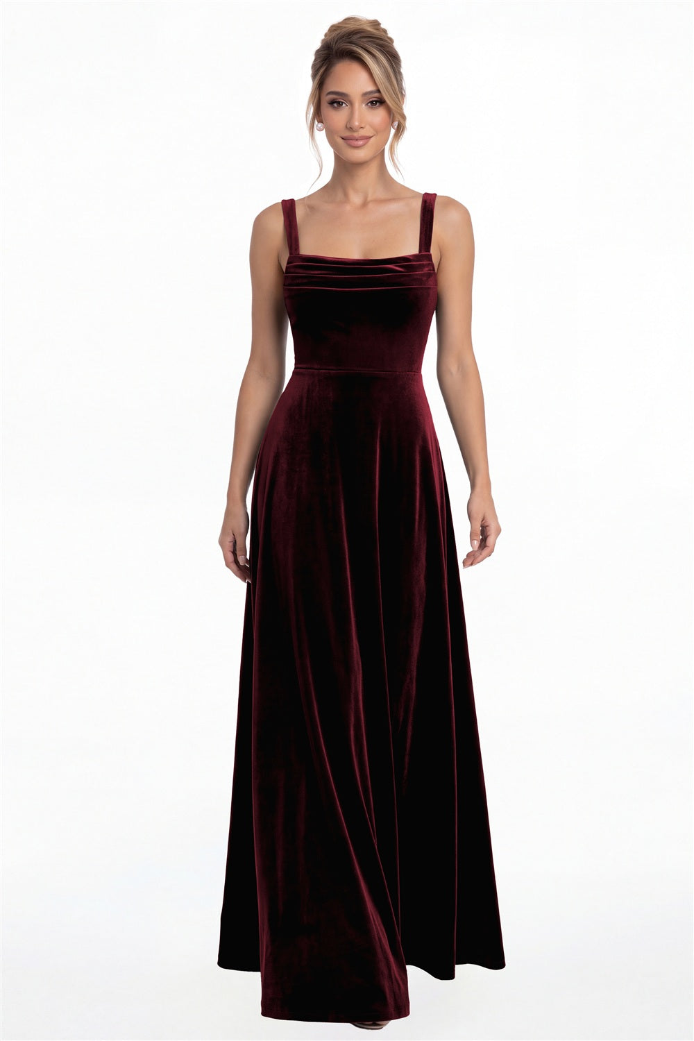 Burgundy Square Neck Ruched Velvet A-Line Maxi Gown - Front View