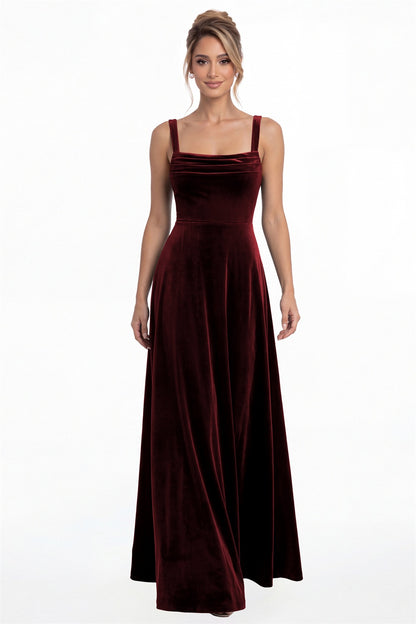 Burgundy Square Neck Pleated Velvet A-Line Maxi Gown - Front View