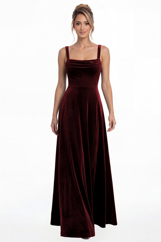 Burgundy Square Neck Pleated Velvet A-Line Maxi Gown - Front View