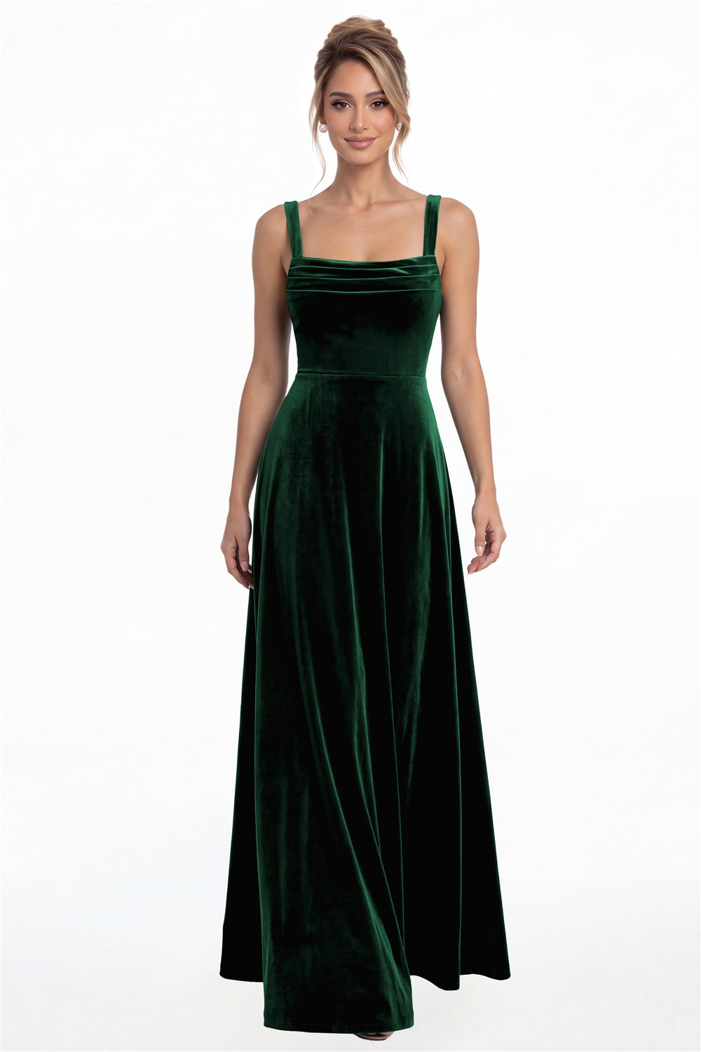 Emerald Green Square Neck Ruched Velvet A-Line Maxi Gown - Front View