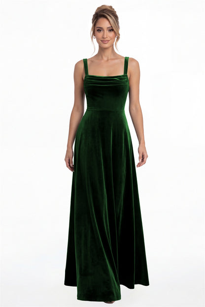 Emerald Green Square Neck Pleated Velvet A-Line Maxi Gown - Front View