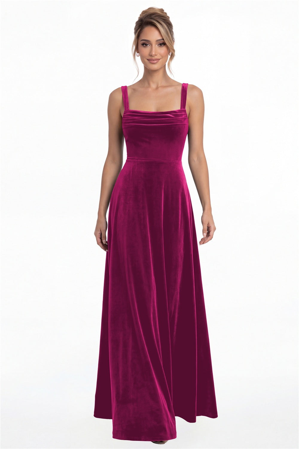 Fuchsia Square Neck Ruched Velvet A-Line Maxi Gown - Front View