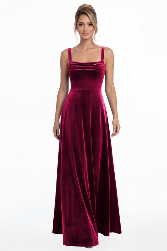 Fuchsia Square Neck Pleated Velvet A-Line Maxi Gown - Front View