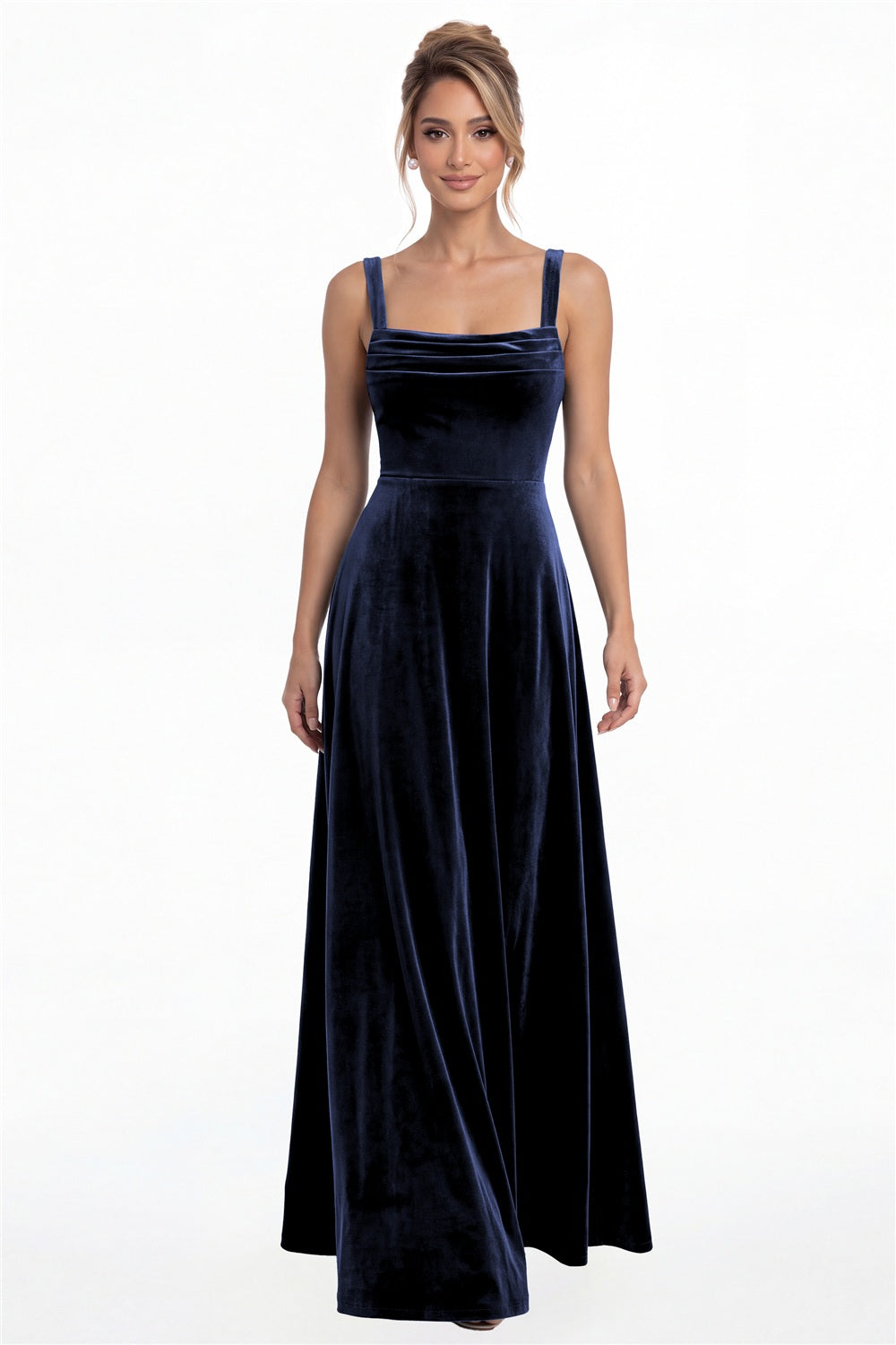 Navy Blue Square Neck Ruched Velvet A-Line Maxi Gown - Front View