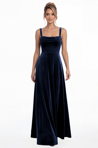 Navy Blue Square Neck Pleated Velvet A-Line Maxi Gown - Front View