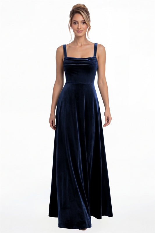 Navy Blue Square Neck Pleated Velvet A-Line Maxi Gown - Front View