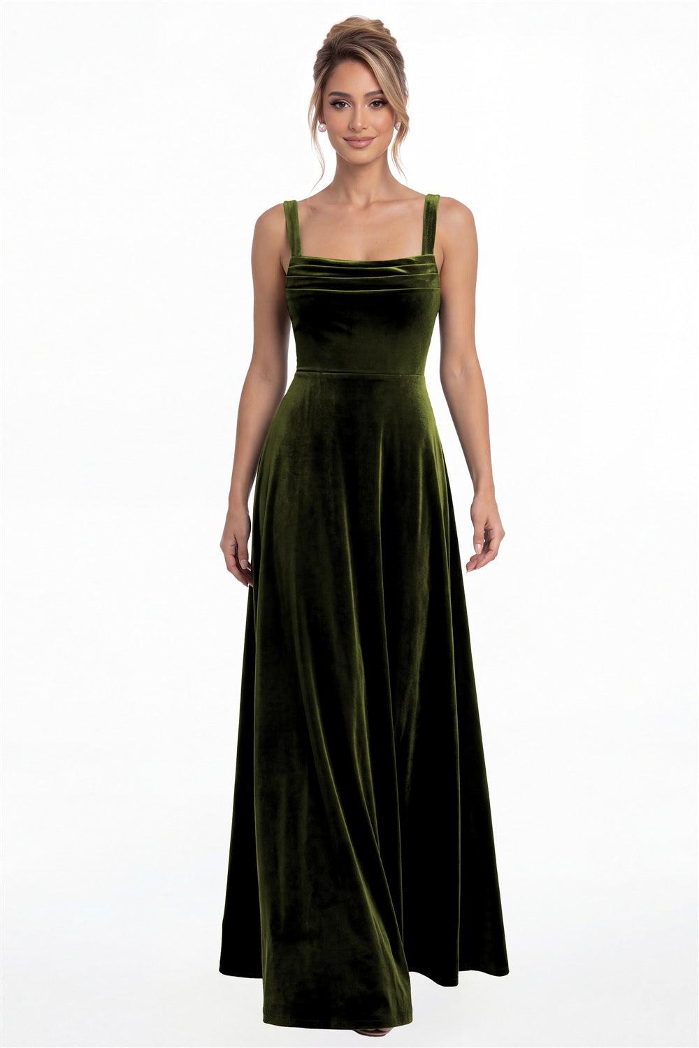 Olive Green Square Neck Ruched Velvet A-Line Maxi Gown - Front View