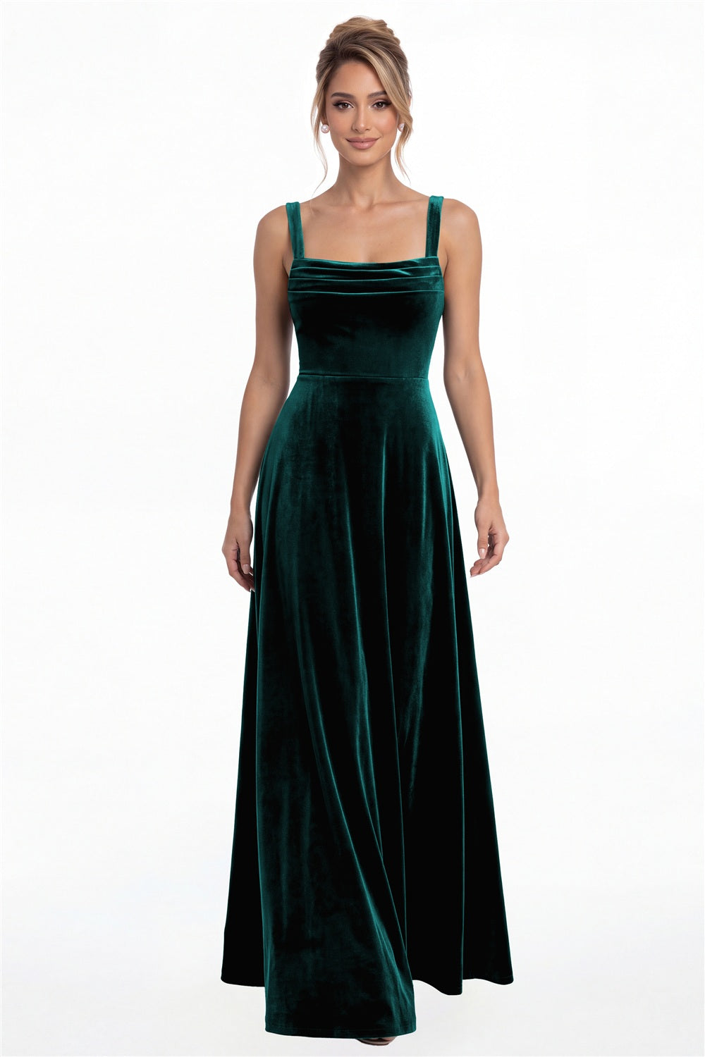 Peacock Square Neck Ruched Velvet A-Line Maxi Gown - Front View