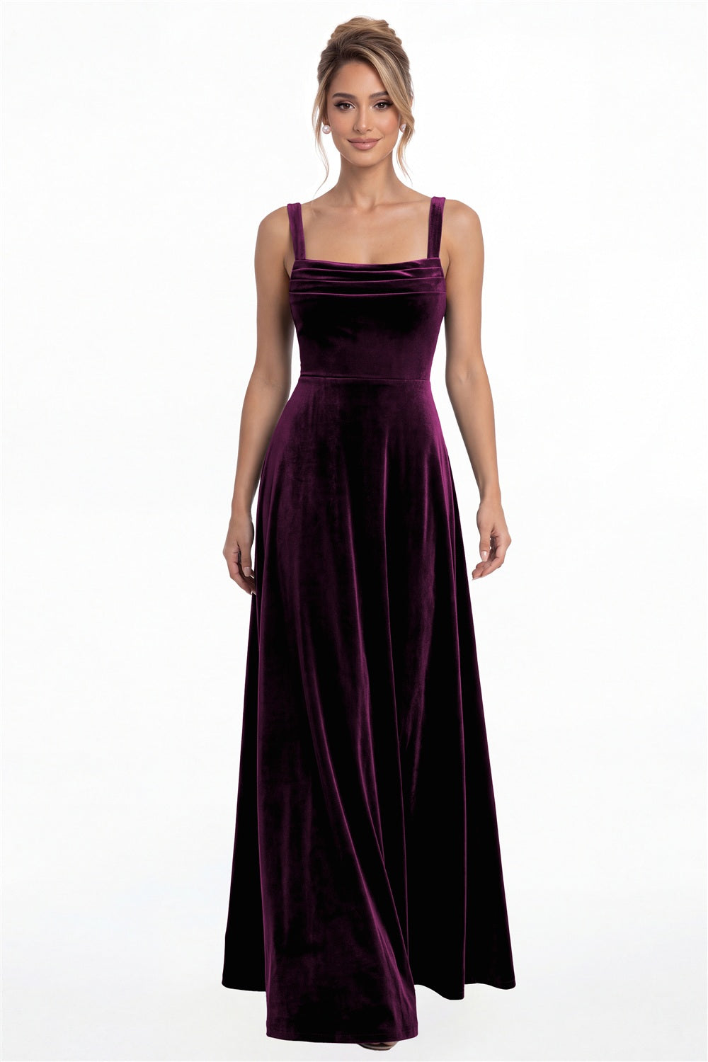 Plum Square Neck Ruched Velvet A-Line Maxi Gown - Front View
