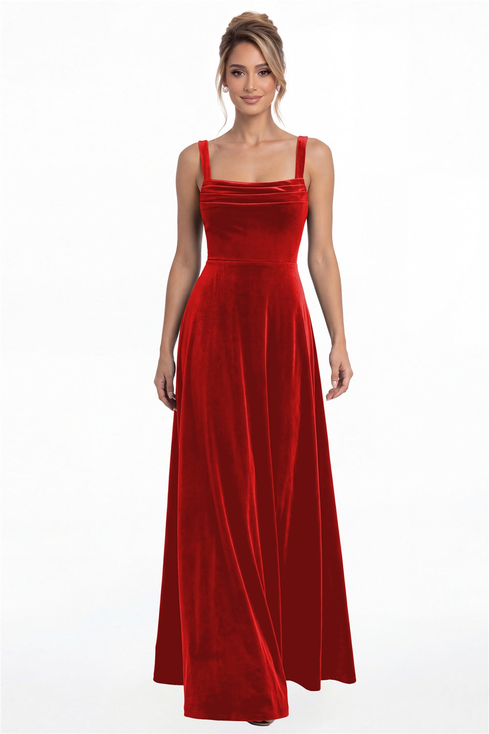 Red Square Neck Ruched Velvet A-Line Maxi Gown - Front View