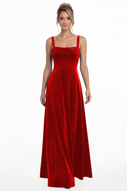 Red Square Neck Pleated Velvet A-Line Maxi Gown - Front View