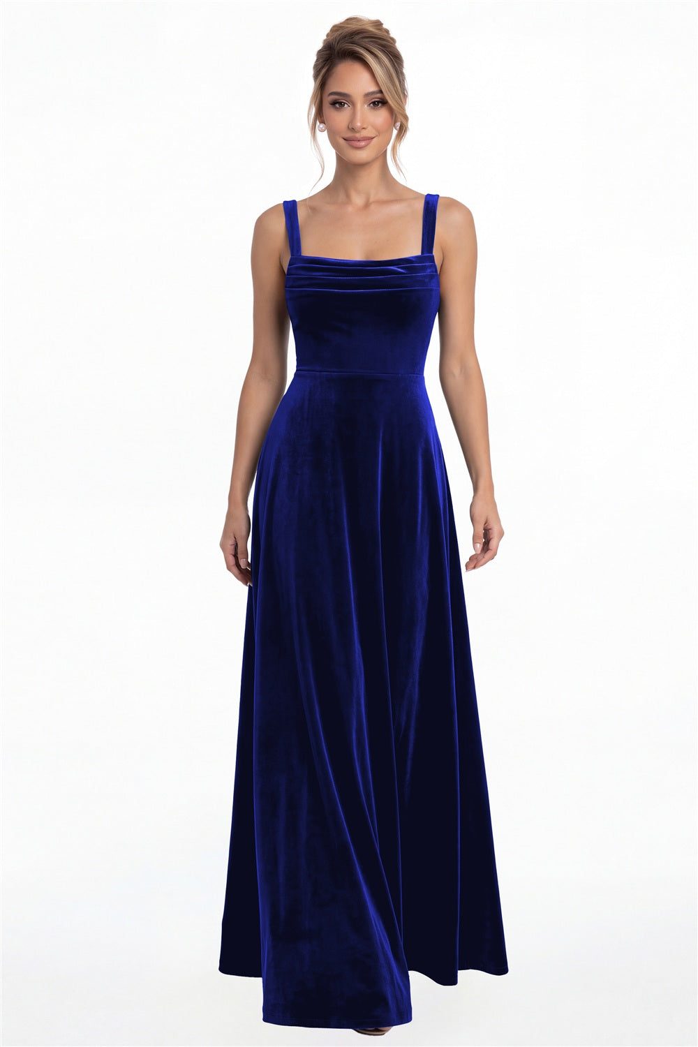Royal Blue Square Neck Ruched Velvet A-Line Maxi Gown - Front View