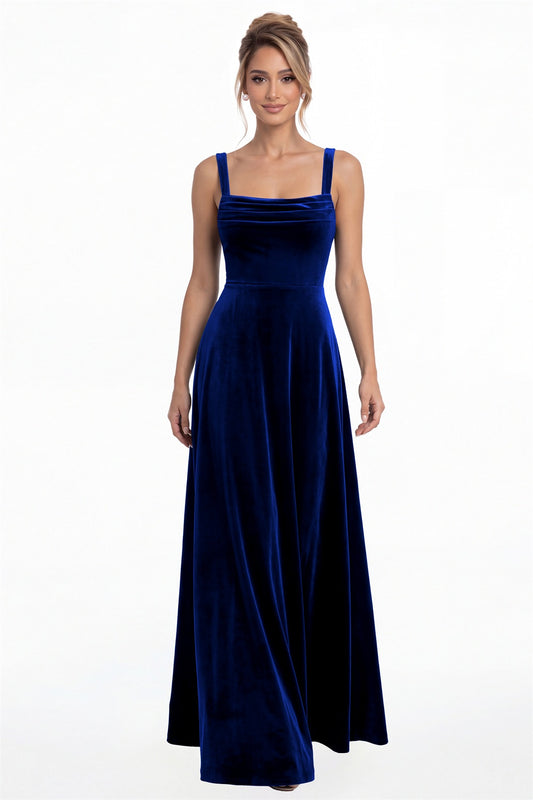 Royal Blue Square Neck Pleated Velvet A-Line Maxi Gown - Front View