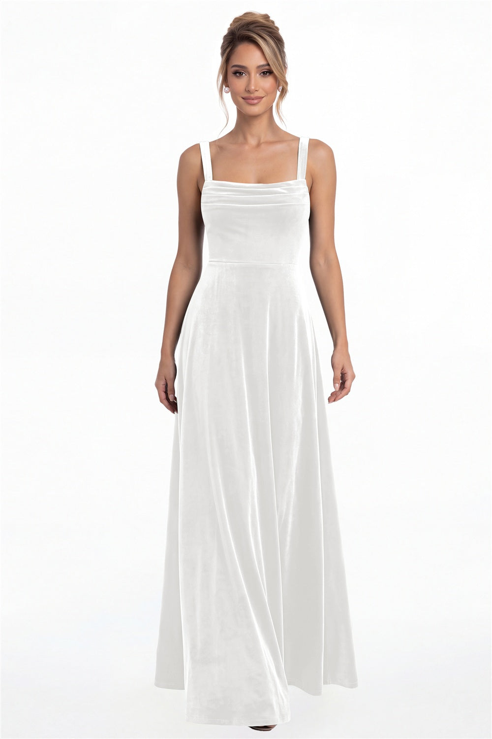 White Square Neck Ruched Velvet A-Line Maxi Gown - Front View