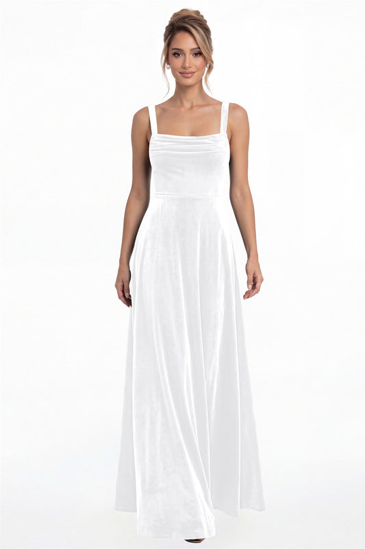 White Square Neck Pleated Velvet A-Line Maxi Gown - Front View