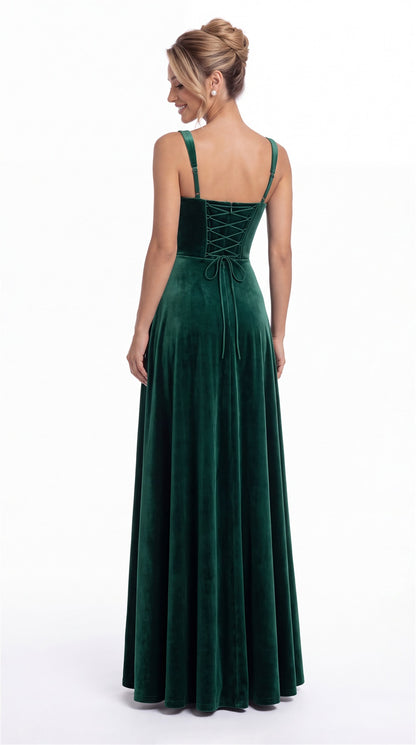 Square Neck Ruched Velvet A-Line Maxi Gown - Back View