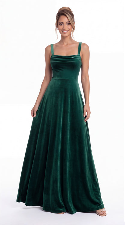 Square Neck Ruched Velvet A-Line Maxi Gown - Detail 4
