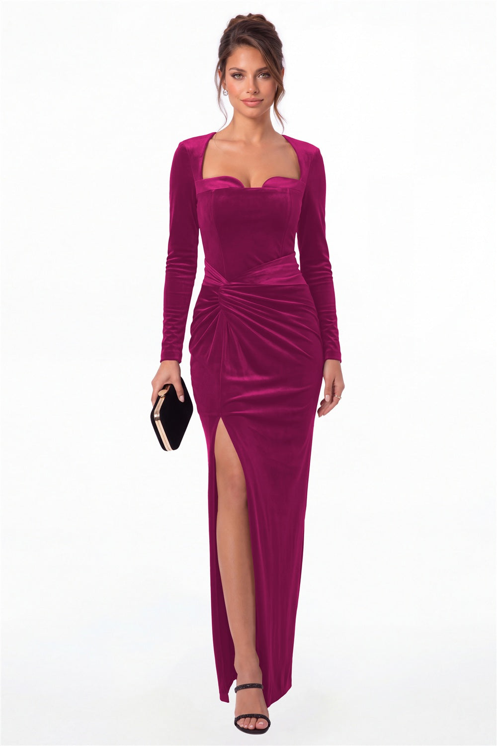 Fuchsia Square Neck Long Sleeve Velvet Ruched Slit Maxi Gown - Front View