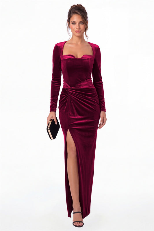 Fuchsia Square Neck Long Sleeve Velvet Ruched Slit Maxi Gown - Front View