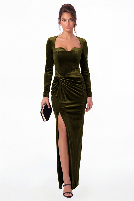 Olive Green Square Neck Long Sleeve Velvet Ruched Slit Maxi Gown - Front View