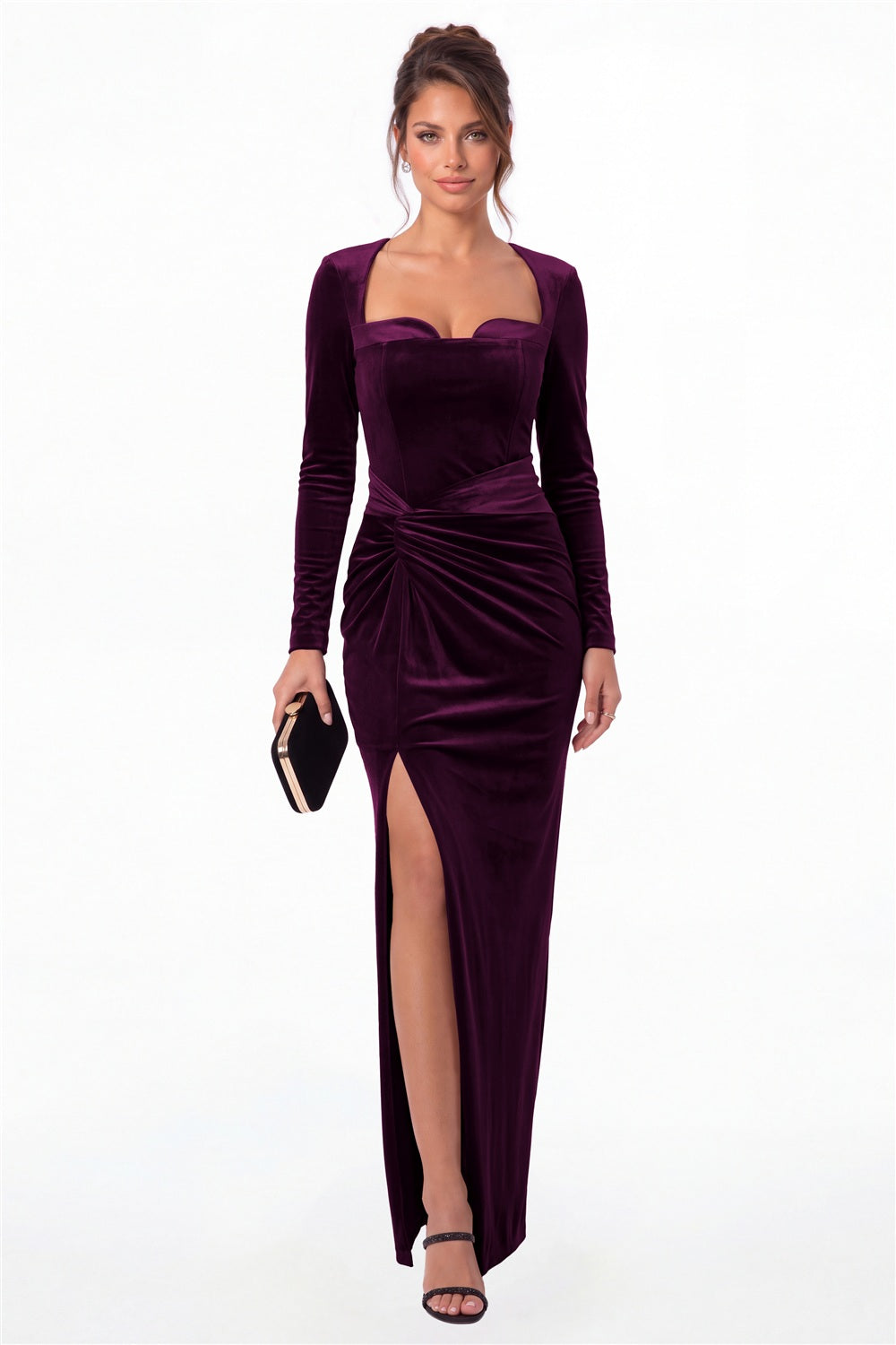 Plum Square Neck Long Sleeve Velvet Ruched Slit Maxi Gown - Front View