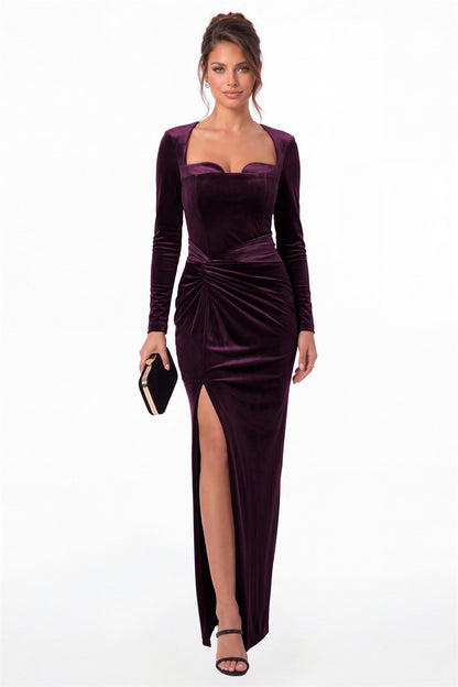 Plum Square Neck Long Sleeve Velvet Ruched Slit Maxi Gown - Front View