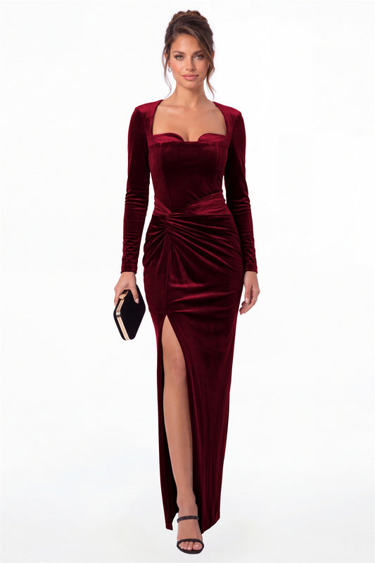 Wine Red Square Neck Long Sleeve Velvet Ruched Slit Maxi Gown - Front View