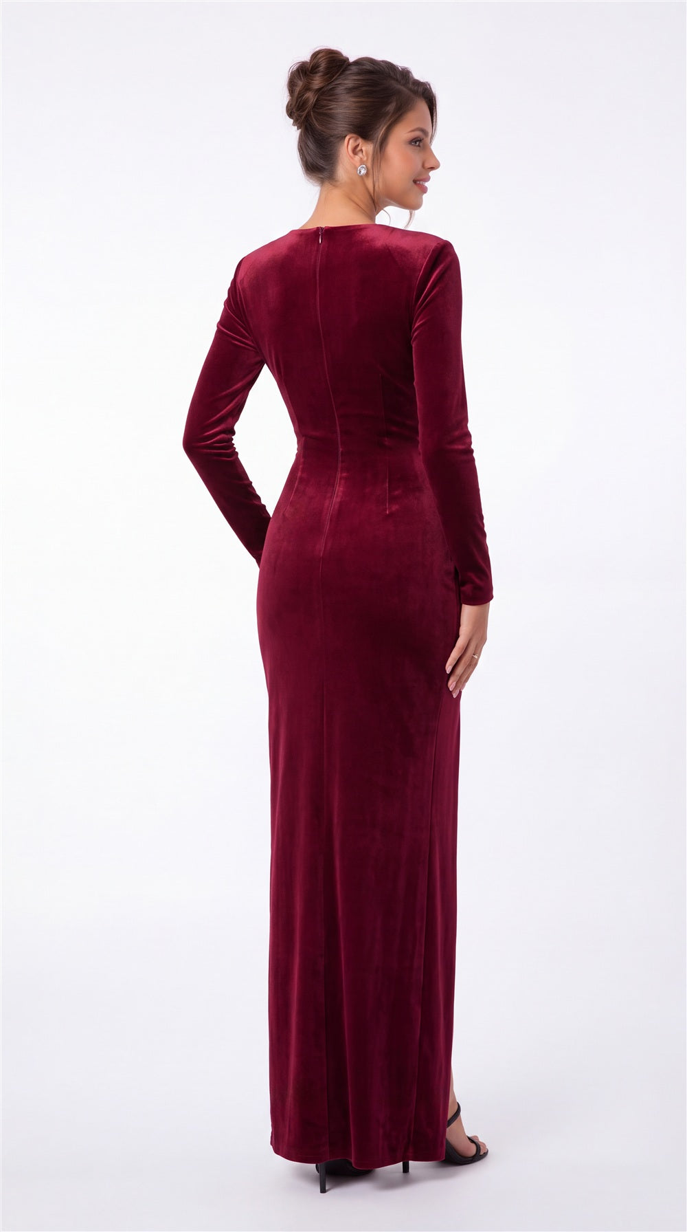Square Neck Long Sleeve Velvet Ruched Slit Maxi Gown - Back View
