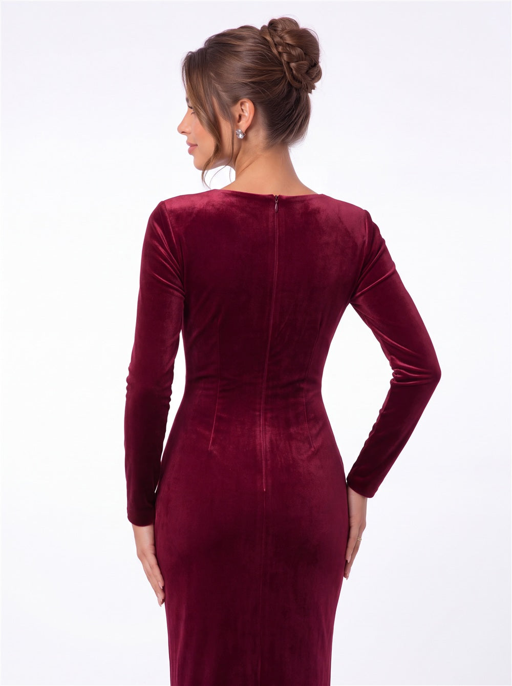 Square Neck Long Sleeve Velvet Ruched Slit Maxi Gown - Detail 2