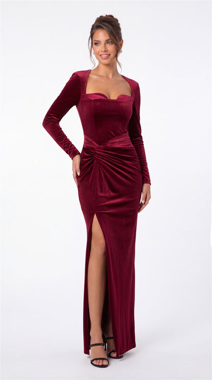 Square Neck Long Sleeve Velvet Ruched Slit Maxi Gown - Detail 3