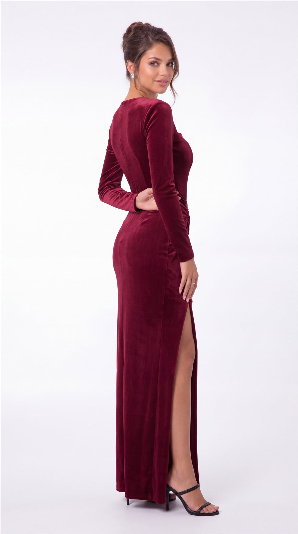 Square Neck Long Sleeve Velvet Ruched Slit Maxi Gown - Detail 4